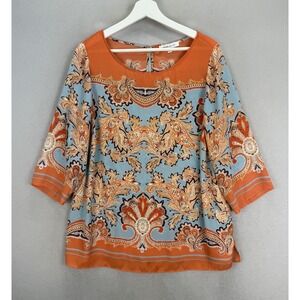 Rose Olive Women's Plus Sz 1X Orange‎ Blue Paisley Floral Lightweight Sheer Top